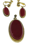 Vintage Gold Tone Red Oval Pendant and Clip-On Earrings Set