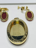 Vintage Gold Tone Red Oval Pendant and Clip-On Earrings Set
