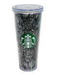 2014 Starbucks Black and White Patterned Tumbler with Clear Lid 24 oz