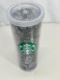 2014 Starbucks Black and White Patterned Tumbler with Clear Lid 24 oz