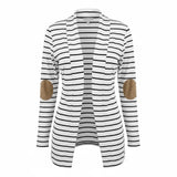 White & Black Striped Cardigan Sweater w/ Khaki Elbow Patches Ladies S