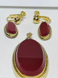 Vintage Gold Tone Red Oval Pendant and Clip-On Earrings Set