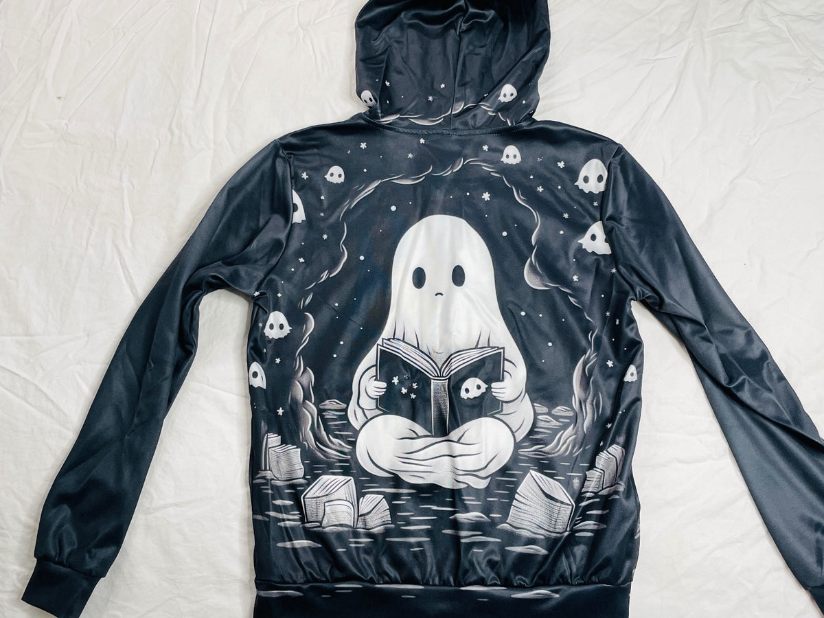 Black Ghost-Themed Full Zip Hoodie Silky Size Youth Medium