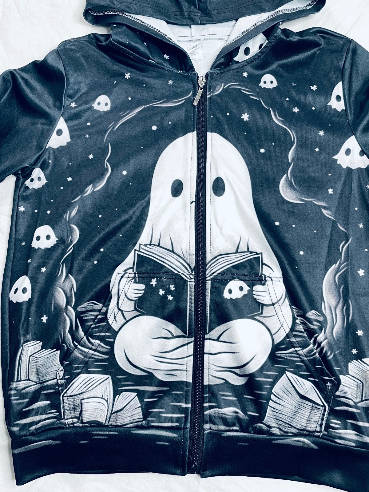 Black Ghost-Themed Full Zip Hoodie Silky Size Youth Medium