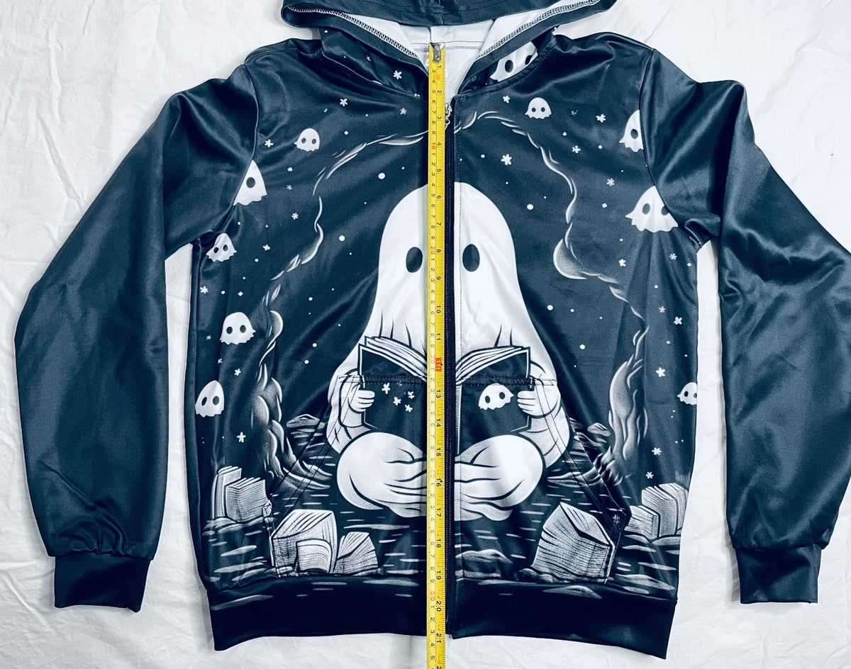 Black Ghost-Themed Full Zip Hoodie Silky Size Youth Medium