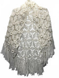 Vintage Handmade White Crochet Shawl Roses and Fringe