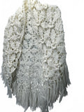Vintage Handmade White Crochet Shawl Roses and Fringe