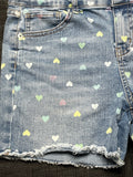 SO Denim Shorts with Multicolor Heart Print and Frayed Hem, Size Girls XL (14)