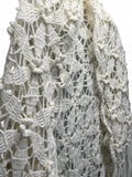 Vintage Handmade White Crochet Shawl Roses and Fringe