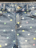 SO Denim Shorts with Multicolor Heart Print and Frayed Hem, Size Girls XL (14)