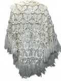 Vintage Handmade White Crochet Shawl Roses and Fringe