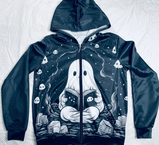 Black Ghost-Themed Full Zip Hoodie Silky Size Youth Medium