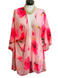 Sheer Bright Pink Flowers Open Front Flowy Shawl / Cover Up Ladies ONE SIZE