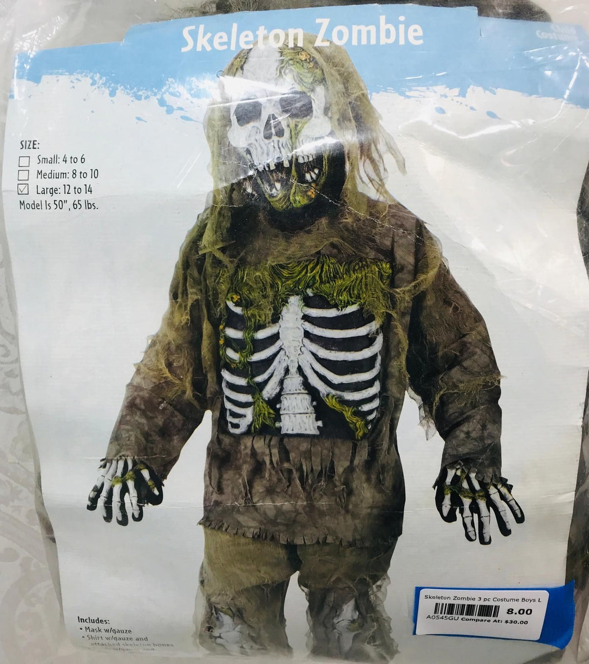 Skeleton Zombie Costume Boys Large 12 to 14